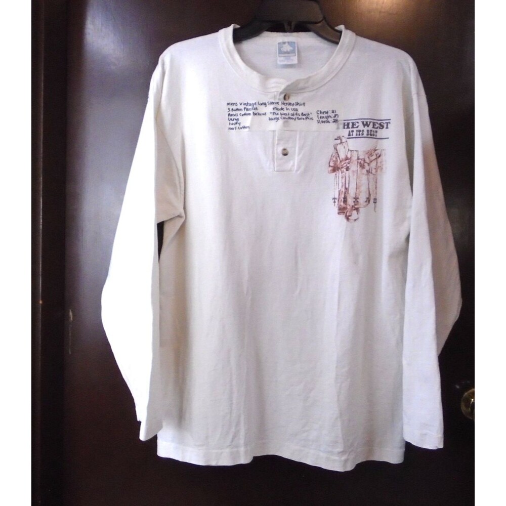 Vtg 90s Anvil Cotton Deluxe Henley Shirt L Large The West At Its Best Cowboy USA